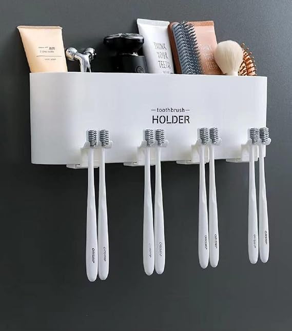 Wall Mounted Toothbrush Holder with Cups | No Drill Bathroom Organizer | Dustproof, Waterproof | COD Available in India