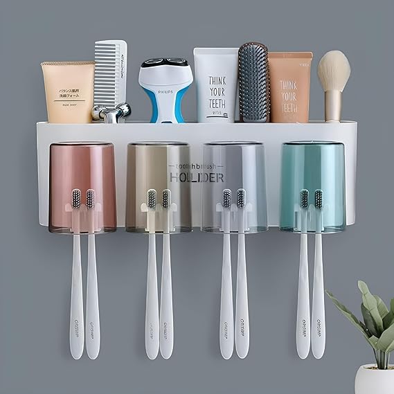 Wall Mounted Toothbrush Holder with Cups | No Drill Bathroom Organizer | Dustproof, Waterproof | COD Available in India