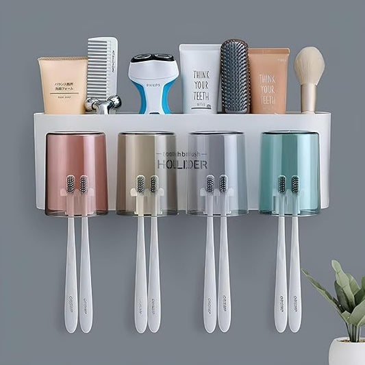 Wall Mounted Toothbrush Holder with Cups | No Drill Bathroom Organizer | Dustproof, Waterproof | COD Available in India