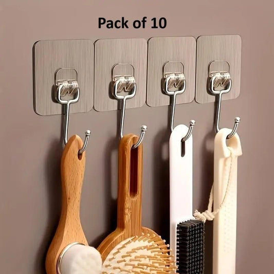 Heavy Duty Adhesive Wall Hooks – Waterproof & Rustproof Stainless Steel Hooks for Kitchen, Bathroom & Home Organization (Pack of 10)