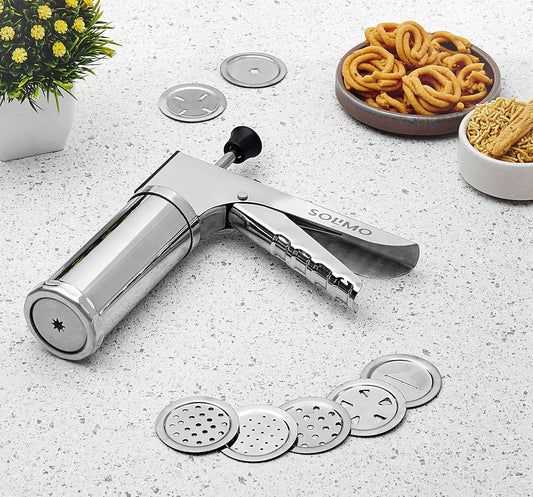 Stainless Steel Cookie Press & Sev Sancha Maker with 15 Discs – Murukku & Chakli Maker
